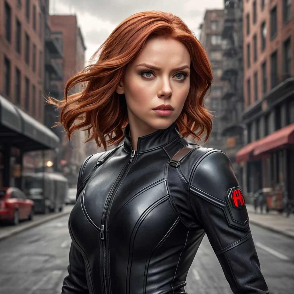 Natasha Romanoff, Black Widow, in a dramatic pose, her red hair flowing, eyes sharp and focused. She wears a sleek, black leather suit with a red accent, highlighting her strength and agility. The background is a gritty urban landscape, reflecting her past and present.