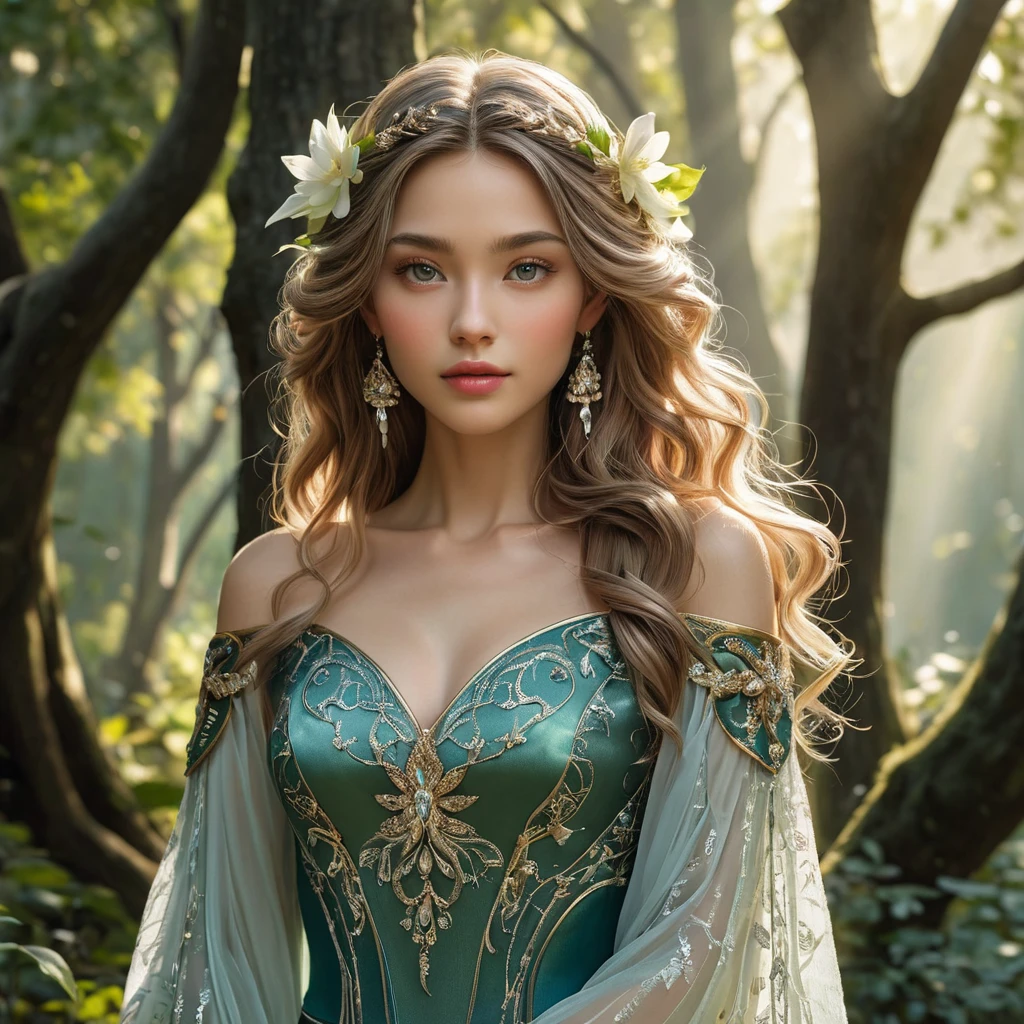 Lúthien Tinúviel, the Elf-maiden, standing amongst a grove of ancient trees. Sunlight filters through the leaves, casting dappled shadows on the forest floor. Her beauty is otherworldly, and her eyes hold a wisdom that belies her youth. She is dressed in a flowing gown, adorned with delicate flowers, and her hair flows freely in the gentle breeze.