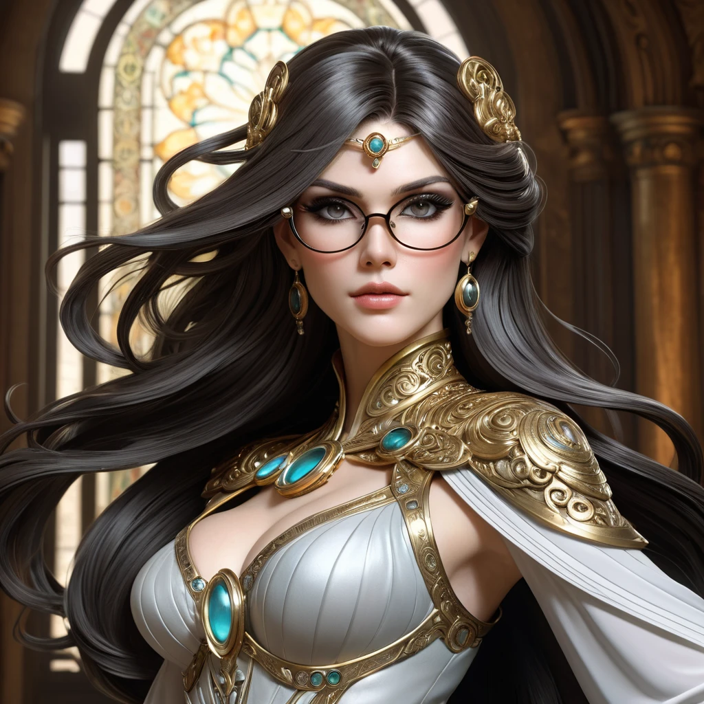 Bayonetta, elegant and powerful pose, flowing hair, intricate outfit, dramatic lighting, magical effects,  detailed background, art nouveau style, Alphonse Mucha,  trending on artstation, 8k resolution, hyperrealistic,  photorealistic, masterpiece