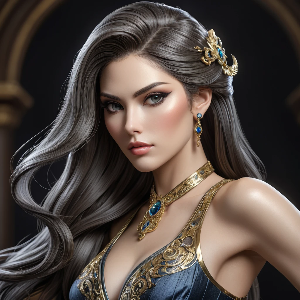 stunning portrait of Bayonetta, elegant pose, flowing hair, captivating eyes, realistic skin texture, dramatic lighting, art nouveau style, intricate details, smooth skin, sharp focus, award winning photography